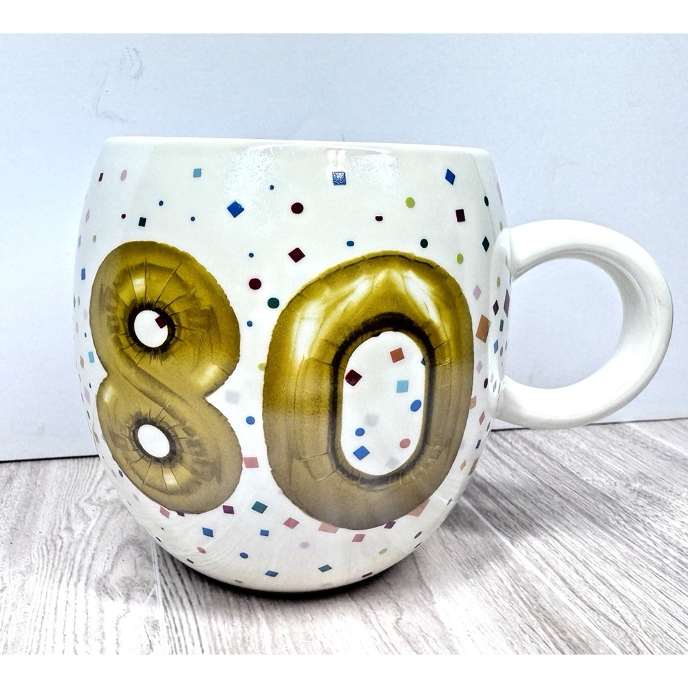 80th Birthday Coffee Mug Confetti Celebration Cup White Gold Oversized Mug